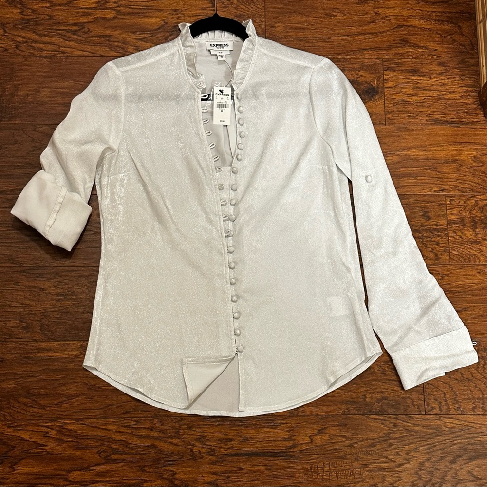 Express Portofino Slim Metallic Shimmering White Button-Down Shirt, NEW
